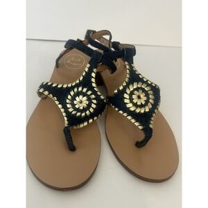 Jack Rogers Womens Elise Sandals 9.5 Denim Navy Gold Leather Block Heel Classic